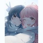  2girls ahoge artist_name blue_coat blue_gloves blue_sky blunt_bangs border brown_eyes closed_mouth coat day dot_nose eyelashes fur-trimmed_sleeves fur_trim gloves hair_through_scarf hand_on_own_chest happy head_tilt heads_together highres light_blush lips long_hair long_sleeves loose_hair_strand multiple_girls nikki_(nikki) nikki_(series) one_eye_closed open_mouth outdoors pillarboxed pink_hair pink_lips reean scarf selfie shared_clothes shared_scarf shining_nikki sky sleeves_past_wrists smile snowing stylist_(nikki) teeth upper_body upper_teeth_only v very_long_hair white_border white_coat white_gloves white_scarf winter winter_clothes winter_coat yellow_eyes 