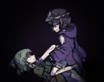  2others adagumo_no_saragimaru androgynous bags_under_eyes bare_legs bare_shoulders black_background black_hair black_hat black_kimono blue_shorts capelet chinese_commentary clenched_teeth clothing_cutout commentary_request face-to-face feet_out_of_frame foot_on_another's_neck frilled_headwear frilled_shorts frills from_side green_capelet green_hair green_vest hat high_ponytail highres hood hood_down hooded_jacket jacket japanese_clothes kimono len'en long_sleeves lying mob_cap multiple_others on_back on_one_knee open_clothes open_jacket other_focus other_with_other ponytail puffy_shorts purple_eyes purple_jacket purple_shoes red_eyes shaded_face shitodo_kuroji shoes short_hair short_kimono short_ponytail shorts shoulder_cutout simple_background sleeves_past_fingers sleeves_past_wrists socks teeth triangular_headpiece ujikawa_shiro vest vignetting white_shorts white_socks wide_sleeves 