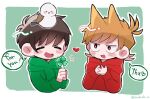  2boys :d =_= animal_on_head animification antenna_hair artist_name bad_id bad_twitter_id bandage_on_cheek bird bird_on_head blush border bright_pupils brown_hair clover commentary deformed drawstring edd_(eddsworld) eddsworld english_text fewer_digits flipped_hair four-leaf_clover green_background green_hoodie greenery_day hair_behind_ear hair_ears heart holding holding_clover hood hood_down hoodie inactive_account inuboshi_m long_sleeves male_focus multiple_boys on_head open_mouth red_eyes red_hoodie short_hair simple_background smile speech_bubble swept_bangs tord_(eddsworld) white_border white_pupils 