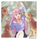  1girl aikawa_megumi animal bow commentary_request deer earrings food green_eyes hair_bow hair_tie heaven_burns_red highres holding holding_food jewelry long_hair muratoamado necklace open_mouth senbei white_bow 