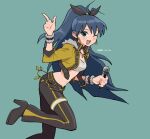  1girl :d ;d absurdres aqua_eyes arm_up bandeau black_hair black_pants black_shoes breasts collared_jacket commentary_request cropped_jacket earrings fang foot_out_of_frame from_side ganaha_hibiki ganaha_hibiki_(light_of_vibes) green_background high_heels high_ponytail highres holding holding_microphone hoop_earrings idolmaster idolmaster_(classic) idolmaster_million_live! idolmaster_million_live!_theater_days index_finger_raised jacket jewelry leg_up long_hair looking_at_viewer looking_to_the_side microphone navel official_alternate_costume one_eye_closed pants ponytail shoes simple_background smile solo standing standing_on_one_leg tarako_oniyon turning_head very_long_hair white_bandeau yellow_jacket 