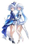  2girls absurdres ahoge barefoot black_shoes blue_dress blue_eyes blue_gem blue_jacket blue_pupils closed_mouth dress drop-shaped_pupils focalors_(genshin_impact) from_side full_body furina_(genshin_impact) gem genshin_impact gradient_clothes gradient_dress hair_between_eyes heart_ahoge_duo heterochromia high_heels highres jacket juliet_sleeves long_hair long_sleeves looking_at_viewer multiple_girls parted_lips puffy_sleeves sellfishu shoes smile standing standing_on_one_leg symbol-shaped_pupils thigh_strap very_long_hair white_hair 