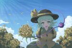  02charaice20 1girl absurdres black_hat blue_sky bow buttons cloud collared_shirt commentary day diamond_button disembodied_linked_eye english_commentary eyeball flower frilled_shirt_collar frilled_sleeves frills green_eyes green_hair green_skirt hat hat_bow highres koishi_day komeiji_koishi long_sleeves looking_at_viewer open_mouth pixel_art rose shirt skirt sky smile solo touhou wide_sleeves yellow_bow yellow_flower yellow_rose yellow_shirt 