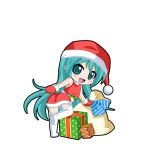  1girl aqua_eyes aqua_hair black_outline boots chibi chibi_only christmas crop_top full_body fur-trimmed_mittens fur-trimmed_shirt fur-trimmed_skirt fur_trim game_asset gift hat hatsune_miku hatsune_miku_graphy_collection leaning_forward long_hair looking_at_viewer looking_back mittens outline red_mittens red_shirt red_skirt sack santa_costume santa_hat shirt skirt sleeveless sleeveless_shirt solo standing thigh_boots transparent_background very_long_hair vocaloid white_boots 