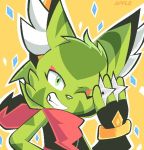 2018 aliasing anthro apple_idiot black_clothing carol_tea clothed clothing eyelashes feline female fingerless_gloves freedom_planet freedom_planet_2 fur gloves green_eyes green_fur green_nose holding_object inner_ear_fluff looking_at_viewer mammal one_eye_closed open_mouth ranged_weapon red_clothing red_scarf scarf shuriken signature simple_background solo striped_fur stripes teeth video_games weapon wildcat yellow_background 