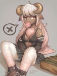  2018 anthro backpack bra breasts brown_skin bubble_gum caprine clothed clothing female goat grey_background grey_hair hair horn looking_aside mammal open_mouth red_eyes simple_background sitting skirt solo underwear wool zinfyu 