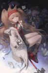  1girl absurdres angelina_(arknights) animal_ear_fluff animal_ears arknights black_shirt black_shorts black_socks boots brown_hair chinese_commentary commentary_request fox_ears fox_girl gloves grey_boots hairband highres jacket kneehighs long_hair mumu_millhayes open_clothes open_jacket open_mouth red_eyes red_hairband shirt short_shorts shorts socks solo twintails white_gloves white_jacket 