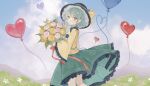  1girl balloon black_hat blue_sky bouquet bow buttons chinese_commentary cloud collared_shirt commentary_request day diamond_button disembodied_linked_eye eyeball floral_print flower frilled_shirt_collar frilled_skirt frilled_sleeves frills green_eyes green_hair green_skirt hat hat_bow heart heart_balloon heart_of_string highres holding holding_bouquet koishi_day komeiji_koishi long_sleeves nanaku orange_flower orange_rose outdoors pink_flower pink_rose print_skirt rose rose_print shirt skirt sky solo touhou wide_sleeves yellow_bow yellow_shirt 