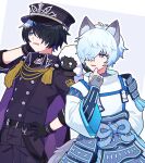  2boys animal_ears armor black_hair blue_eyes brothers cyu6712 fubuki_(rune_factory) hair_over_one_eye japanese_armor japanese_clothes kamurosaki_(rune_factory) male_focus mokomoko_(rune_factory) multiple_boys rune_factory rune_factory:_guardians_of_azuma siblings twins wolf_boy wolf_ears 
