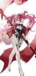  1girl armor black_bow bodysuit boots bow breastplate breasts collar commentary_request gi_ra1 hair_between_eyes hair_bow hairband highres holding holding_polearm holding_weapon lupa_(wuthering_waves) medium_breasts metal_collar metal_hairband open_mouth pink_hair polearm smile solo thigh_boots twintails two-handed weapon white_bodysuit white_boots wuthering_waves yellow_eyes 