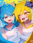  2girls akita_neru bare_shoulders blonde_hair blue_eyes blue_flower blue_hair blue_pupils bridal_veil collarbone commentary confetti dress elbow_gloves eye_contact fang flower gloves hair_flower hair_ornament highres holding_hands long_hair looking_at_another multiple_girls open_mouth saw_art06 signature twintails untranslatable_commentary veil vocaloid wedding_dress white_dress white_gloves yellow_eyes yellow_flower yellow_pupils yuri 
