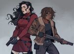  2girls ada_wong ada_wong_(cosplay) asami_sato avatar_legends black_gloves black_hair black_thighhighs blue_shirt brown_hair brown_jacket chest_holster clenched_teeth commentary cosplay cowboy_shot dress english_commentary fingerless_gloves fur_trim gloves gun handgun highres holding holding_gun holding_weapon holster jacket korra leon_s._kennedy leon_s._kennedy_(cosplay) long_hair looking_to_the_side multiple_girls red_dress resident_evil resident_evil_4 shirt short_hair shotgun tan teeth the_legend_of_korra thigh_holster thighhighs turtleneck turtleneck_dress two-handed vita-divata weapon zettai_ryouiki 