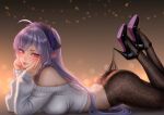  1girl artist_name ass bare_shoulders black_pantyhose black_shoes bluesky_logo blush commentary crop_top english_commentary fingernails from_side head_rest high_heels highres hooked_on_heel instagram_logo lace lace_pantyhose lace_pantyhose_hooked_on_heel_(meme) long_hair long_sleeves looking_at_viewer looking_to_the_side lying meme multi-source_commentary myaumue on_stomach pantyhose pointy_ears purple_hair red_eyes shoes solo strappy_heels twitter_logo very_long_hair vivian_banshee zenless_zone_zero 