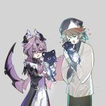  2boys alalen animal animal_hug animalization black_cat black_coat black_horns black_pants black_shirt black_sleeves blanket bright_pupils brown_hair cat chest_jewel closed_eyes coat collared_coat colored_eyelashes commentary_request contrast_collar crossed_bangs dragon_horns dragon_wings durin_(genshin_impact) facing_animal forehead_jewel gem genshin_impact gloves grey_background hair_between_eyes hands_up headscarf heart height_difference highres holding holding_animal holding_blanket horns japanese_clothes kimono layered_sleeves long_sleeves looking_at_another mandarin_collar multicolored_hair multiple_boys niwa_(genshin_impact) open_clothes open_coat open_collar open_mouth pants pink_gem purple_hair purple_horns purple_vest purple_wings red_eyes red_hair scaramouche_(cat)_(genshin_impact) scaramouche_(genshin_impact) shirt slit_pupils streaked_hair triangle_mouth turtleneck turtleneck_shirt vest white_gloves white_kimono white_pants white_pupils white_sleeves wings 