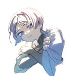  1boy black_bodysuit black_bridal_gauntlets blue_cape blue_pupils blue_sleeves blunt_ends bodysuit bridal_gauntlets cape choppy_bangs closed_mouth colored_inner_hair commentary_request cropped_torso crossed_arms genshin_impact grey_hair hand_on_own_arm looking_at_viewer male_focus mandarin_collar multicolored_hair portrait purple_eyes scaramouche_(genshin_impact) side_cape sidelighting solo three-quarter_sleeves tsurime ukata wanderer_(genshin_impact) white_background 