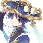  1boy ? animal_on_head armor bird bird_on_head black_bodysuit black_bridal_gauntlets black_hair blue_cape blue_hat blue_jingasa blue_sleeves blunt_ends bodysuit bridal_gauntlets bright_pupils cape choppy_bangs closed_mouth commentary_request covered_collarbone eyeliner finch genshin_impact gold hand_up hat highres japanese_armor japanese_clothes jingasa kimono kote kurokote layered_sleeves looking_at_viewer makeup male_focus mandarin_collar on_head open_clothes open_kimono portrait purple_eyes red_eyeliner scaramouche_(genshin_impact) short_sleeves shoulder_peek side_cape solo tilted_headwear tsurime twitter_username wanderer_(genshin_impact) white_background white_kimono white_pupils white_sleeves xeitlfrycz64403 yellow_bird 