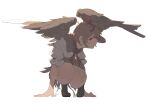  1girl 4qw5 absurdres animal_on_head arm_support bird bird_girl bird_on_head bird_wings brown_hair brown_skirt closed_mouth collared_shirt commentary_request expressionless film_grain full_body hands_on_ground highres looking_to_the_side multicolored_hair necktie niwatari_kutaka on_head puffy_short_sleeves puffy_sleeves red_necktie red_streaks shade shirt shoes short_hair short_sleeves simple_background skirt solo squatting streaked_hair tiptoes touhou two-tone_hair white_background white_shirt wings 