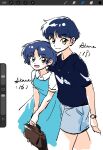  1girl aged_up art_program_in_frame art_program_request bag black_shirt blue_dress blue_hair blue_shorts brown_bag character_name closed_mouth dress fuurinkan_high_school_uniform highres holding holding_bag luuxiriver open_mouth ranma_1/2 school_uniform shirt short_hair shorts smile tendou_akane white_background yellow_eyes 