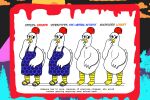 1980s_theme absurd_res accessory_only alystairphantem anthro avian beak bird blood bodily_fluids bright_colors casual_nudity chest_tuft chicken clothing dress feathers female footwear frown galliform hand_on_face hi_res horror_(theme) humor locket model_sheet no_genitals nude pattern_clothing pattern_dress penny_cooper_(the_party_animals) phasianid polka_dots quote red_crown sandals shoes solo the_party_animals tuft