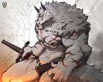  2026 absurd_res anthro arm_scar arm_tuft asian_clothing blue_eyes bulge chest_scar chest_tuft clothed clothing colored digital_media_(artwork) east_asian_clothing elbow_tuft facial_scar fangs fire fluffy fluffy_hair fluffy_tail fundoshi fundoshi_only fur grey_body grey_fur hair head_tuft hi_res holding_melee_weapon holding_object holding_sword holding_weapon internaledge japanese_clothing leg_scar light lighting logo male mane mane_hair mature_male melee_weapon muscular muscular_anthro muscular_male nipples pecs ron_(internaledge) scar shaded solo sword tail teeth topless tuft underwear underwear_only weapon 