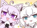  2girls :3 absurdres ahoge animal_ear_fluff aqua_eyes chibi commentary_request fang food furry furry_female highres holding holding_food hololive multiple_girls neck_fur nekomata_okayu nekomata_okayu_(cat) notice_lines onigiri open_mouth purple_eyes purple_fur purple_hair shirakami_fubuki shirakami_fubuki_(fox) simple_background slit_pupils sparkle star_(symbol) star_in_eye symbol_in_eye tsuyoshi_(normal811) upper_body virtual_youtuber white_fur white_hair 