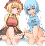  :d :o aki_minoriko apron aqua_hair aqua_skirt aqua_vest barefoot black_choker black_skirt blonde_hair blouse blue_eyes breasts choker collared_blouse commentary_request crossed_ankles crossed_legs eyebrows_visible_through_hair feet food fruit garasuita grapes hair_between_eyes hat heterochromia juliet_sleeves large_breasts long_sleeves looking_at_viewer multiple_girls open_mouth puffy_sleeves red_apron red_eyes red_hat ribbon_choker shirt simple_background sitting skirt smile soles suspenders tatara_kogasa toe-point toes touhou vest white_background white_shirt 