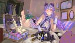  1boy 1girl absurdres aniol_art bare_shoulders barefoot bed blush bow bowtie breasts clothing_cutout drill_hair feet frilled_one-piece_swimsuit frilled_wrist_cuffs frills grey_hair hair_bow heart heart_cutout highres indoors long_hair looking_at_viewer lying mole mole_under_eye multicolored_hair official_alternate_costume on_bed on_stomach one-piece_swimsuit pillow pointy_ears purple_bow purple_bowtie purple_hair red_eyes robin_(zenless_zone_zero) stomach_cutout swimsuit two-tone_one-piece_swimsuit unworn_clothes vivian_banshee vivian_banshee_(iris_of_the_shore) white_one-piece_swimsuit wise_(zenless_zone_zero) wrist_cuffs zenless_zone_zero 