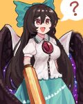  1girl :d ? absurdres arm_cannon bow brown_hair chest_eye feathered_wings green_bow hair_bow highres long_hair mynameislth2 red_eyes reiuji_utsuho smile solo touhou very_long_hair weapon wings 