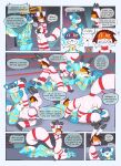 absurd_res anthro bdsm beaux beaux_(krisbirb) biped bodysuit brainwashing bulge clothing collar comic controller digital_media_(artwork) domestic_cat drone duo english_text felid feline felis fighting_ring harness heart_symbol hi_res hybrid hypnosis hypnotic_visor lagomorph latex latex_clothing latex_skinsuit leporid lock lock_symbol long_ears maddie_(biggayrabbit) male male/male mammal martindosent mind_control null_bulge rabbit red_collar red_harness remote_control rodent sciurid skinsuit speech_bubble text tight_clothing tree_squirrel wrestling yellow_collar yellow_harness