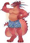 2026 absurd_res anthro artist_name belly blue_eyes blue_frill blue_tongue bodily_fluids boxers_(clothing) boxers_only clothed clothing colored digital_media_(artwork) digitigrade dragon emanata english_text fish_print frill_(anatomy) fungiteh head_crest head_frill hi_res horn light lighting male membrane_(anatomy) membranous_frill musclegut muscular muscular_anthro muscular_male mythological_creature mythological_scalie mythology nervous partially_clothed pattern_boxers pattern_clothing pattern_underwear pecs pupils red_body red_scales red_spikes scales scalie shaded smile solo spiked_arms spiked_elbows spiked_tail spikes spikes_(anatomy) standing stripes sweat tail teeth text thick_tail tongue topless underwear underwear_only white_pupils