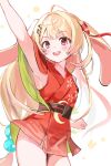 1girl :d absurdres ahoge alternate_costume animal_ears arm_up armpits beamed_eighth_notes brown_sash cho_kaguya-hime! clenched_hand color_connection commentary_request cosplay covered_groin cowboy_shot crescent_print eighth_note extra_ears floppy_ears floral_print floral_print_kimono hair_bobbles hair_color_connection hair_intakes hair_ornament hair_ribbon highres hololive hololive_dev_is japanese_clothes kaguya_(cho_kaguya-hime!) kaguya_(cho_kaguya-hime!)_(cosplay) kimono long_hair looking_at_viewer lop_rabbit_ears low-tied_long_hair musical_note musical_note_hair_ornament obi one_side_up open_mouth otonose_kanade paper_080 pelvic_curtain print_kimono rabbit_ears rabbit_girl red_eyes red_kimono red_ribbon ribbon sash short_kimono side_slit simple_background single_bare_shoulder smile solo standing thighs two-sided_fabric very_long_hair virtual_youtuber white_background 