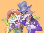 2025 5_fingers alejandro_(shima_spain_village) amphibian anthro blue_clothing blue_eyes blue_hat blue_headwear blue_shirt blue_tongue blue_topwear canid canine canis cheeky clothed clothed_anthro clothed_male clothing digital_drawing_(artwork) digital_media_(artwork) duo elderly_anthro elderly_male facial_hair fangs fingers frog fur gloves goatee green_body green_clothing green_jacket green_topwear grey_body grey_fur handwear hat headgear headwear jacket julio_ranana lunakichi male male_anthro mammal monotone_background multicolored_scarf mustache open_mouth open_smile orange_background pattern_clothing pattern_hat pattern_headgear pattern_headwear pink_tongue purple_clothing purple_jacket purple_topwear red_clothing red_hat red_headwear red_scarf scarf shaded shima_spain_village_parque_espana shirt simple_background smile soft_shading striped_clothing striped_hat striped_headgear striped_headwear stripes teeth tongue tongue_out top_hat topwear white_clothing white_gloves white_handwear wolf yellow_clothing yellow_sclera yellow_topwear