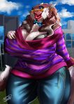  anthro big_breasts bra breasts clothed clothing djpuppeh ear_piercing eyewear female huge_breasts lipstick makeup mature_female open_mouth outside overweight piercing sergal smile solo standing sunglasses underwear venus_(djpuppeh) voluptuous 