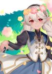  1girl aged_down black_dress black_hairband blush braid braided_twintails closed_mouth commentary_request dress ell_0314 female_corrin_(fire_emblem) female_corrin_(young_kinship)_(fire_emblem) fire_emblem fire_emblem_fates fire_emblem_heroes flower grey_hair grey_vest hair_between_eyes hair_flower hair_ornament hairband head_wreath highres long_hair long_sleeves looking_at_viewer official_alternate_costume pointy_ears red_eyes smile solo twintails vest 