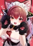  1girl animal_hands between_breasts black_dress breasts candy chocolate chocolate_on_body chocolate_on_breasts cleavage commentary_request covered_nipples dress food food_on_body gloves happy_valentine heart heart-shaped_chocolate heart-shaped_food heterochromia highres hololive houshou_marine large_breasts looking_at_viewer maid maid_day maid_headdress misakingu open_mouth paw_gloves red_background red_eyes red_hair signature simple_background solo twintails upper_body valentine virtual_youtuber white_dress yellow_eyes 