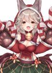  :3 :d animal_ears bangs bell blush bow breasts brown_eyes claw_(weapon) claws cleavage detached_sleeves ears_through_headwear erune eyebrows_visible_through_hair fang frills fur_trim gloves granblue_fantasy green_skirt hair_between_eyes heart hood hood_up jingle_bell long_sleeves looking_at_viewer medium_breasts open_mouth paw_gloves paws plaid pleated_skirt red_bow sen_(granblue_fantasy) shirt short_hair silver_hair simple_background skirt smile solo topia weapon white_background 