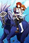  2girls ahoge breasts commentary_request dress fate/grand_order fate_(series) fujimaru_ritsuka_(female) highres hippolyta_(fate) horse horseback_riding kalion_(fate) long_sleeves medium_breasts medium_hair multiple_girls open_mouth orange_eyes orange_hair red_hair riding sash short_hair smile white_dress yuyu_(oiun461) 