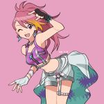  1girl :d ;d arm_up asymmetrical_gloves black_gloves blonde_streaks breasts commentary_request crop_top earrings fingerless_gloves gloves grey_shorts highres idolmaster idolmaster_million_live! idolmaster_million_live!_theater_days jewelry leaning_forward lightning_bolt_earrings lightning_bolt_symbol long_hair maihama_ayumu midriff mismatched_gloves multicolored_hair official_alternate_costume one_eye_closed open_mouth overskirt pink_background pink_eyes pink_hair ponytail shorts simple_background smile solo star_(symbol) star_earrings streaked_hair tarako_oniyon two-tone_hair white_gloves 