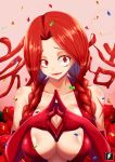  braid breasts cleavage collarbone commentary_request despair_wing dress elbow_gloves eyelashes fairy_tail flare_corona flower gloves highres large_breasts long_hair looking_at_viewer red_dress red_eyes red_flower red_gloves red_hair red_rose rose solo twin_braids 