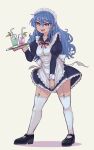  1girl alternate_costume apron black_dress black_shoes blue_hair collarbone commentary cup dress dress_tug drinking_straw frills full_body garter_straps hair_between_eyes highres hinanawi_tenshi holding holding_tray kaden_(muxt8423) long_hair long_sleeves maid maid_apron maid_day maid_headdress parted_lips red_eyes shoes solo standing sweatdrop thighhighs touhou tray white_thighhighs 
