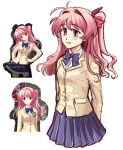  1girl antenna_hair arms_behind_back blazer blush bow bowtie breasts brown_jacket chaos;head commentary dress_shirt english_commentary grin highres jacket lapels long_hair long_sleeves miniskirt notched_lapels official_art_inset pink_eyes pink_hair plaid_bow plaid_bowtie plaid_clothes pleated_skirt red_trim sakihata_rimi school_uniform science_adventure shirt simple_background skirt small_breasts smile suimei_academy_school_uniform white_background worrywyrt 