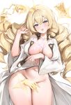  1girl blonde_hair blue_eyes breasts coat commentary_request covering_crotch covering_privates crown crown_(naked_king)_(nikke) crown_(nikke) drill_hair extra_hands four-finger_heart_hands goddess_of_victory:_nikke heart heart_hands highres large_breasts long_hair looking_at_viewer naked_coat navel official_alternate_costume shiriaru_(jjonaeng) smile solo very_long_hair white_coat 