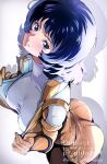  1girl aeug ass black_hair blue_eyes blush breasts commentary_request fa_yuiry gundam looking_at_viewer mecha_pilot_suit medium_hair minakami_monaka normal_suit_(gundam) open_mouth science_fiction shirt simple_background spacesuit teeth zeta_gundam 