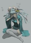  1girl aqua_hair aqua_kimono black_sash blunt_ends breasts commentary_request covering_one_eye dragon_girl dragon_horns fate/grand_order fate_(series) grey_background hair_ornament highres horns japanese_clothes kimono kiyohime_(fate) knee_up long_hair multiple_horns no_shoes obi sash simple_background sitting slit_pupils small_breasts solo suneobich thighhighs translation_request white_horns white_thighhighs wide_sleeves yellow_eyes 