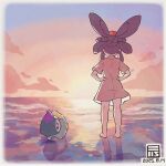 1girl artist_logo barefoot black_hair cloud dated dress from_behind hair_rings hands_on_own_hips highres horizon logo looking_afar outdoors quad_hair_rings red_dress reflection reflective_floor sakuna-hime short_sleeves signature standing sun sunset tama-jii tensui_no_sakuna-hime y_koichi 