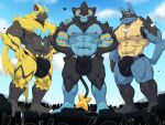 absurd_res aircraft anthro big_muscles black_body black_fur blue_body blue_eyes blue_fur bulge canid canine city clothing croiyan detailed_bulge felid fur generation_4_pokemon generation_7_pokemon genital_outline group helicopter hi_res legendary_pokemon lucario luxray macro male mammal muscular muscular_male nintendo pokemon pokemon_(species) red_eyes shinx speedo spines swimwear vehicle yellow_body yellow_eyes yellow_fur zeraora