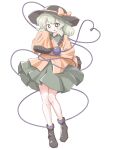  1girl a1byouka absurdres black_hat black_shoes buttons commentary_request contrast_collar diamond_button full_body green_hair green_skirt hair_between_eyes hat hat_ribbon highres komeiji_koishi long_sleeves parted_lips ribbon shirt shoes simple_background skirt smile solo third_eye touhou white_background wide_sleeves yellow_ribbon yellow_shirt 