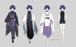  1boy alalen arms_at_sides baggy_pants barefoot belt belt_buckle black_belt black_bodysuit black_boots black_hakama black_haori black_sandals black_sash black_sleeves blue_sash blunt_ends bodysuit boots buckle choppy_bangs closed_mouth clothes_on_and_off commentary_request covered_collarbone expressionless eyeliner feathers full_body genshin_impact gold grey_background hakama hakama_pants hand_on_own_hip haori highres japanese_clothes jewelry kimono long_sleeves looking_at_viewer makeup male_focus mitsudomoe_(shape) neck_ring pants pelvic_curtain pleated_pants pom_pom_(clothes) purple_eyes purple_hair purple_kimono purple_pants red_eyeliner red_sash sandals sash scaramouche_(genshin_impact) scaramouche_(kabukimono)_(genshin_impact) smile solo straight-on string tabi tomoe_(symbol) tsurime turtleneck turtleneck_bodysuit twitter_username variations wanderer_(genshin_impact) watermark white_haori wide_sleeves yellow_feathers zouri 