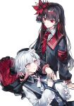  2girls artist_request black_choker black_hair black_jacket black_shirt black_skirt brooch cherry_blossoms chinese_commentary choker closed_mouth collared_shirt commentary_request commission flower hair_flower hair_ornament highres jacket jewelry lap_pillow long_hair long_sleeves looking_back lying mahou_shoujo_no_majo_saiban multicolored_hair multiple_girls neck_ribbon necktie nikaido_hiro on_back red_eyes red_flower red_necktie ribbon sakuraba_ema second-party_source shirt short_hair simple_background sitting skirt smile white_background white_hair white_ribbon 
