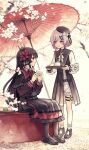  2girls absurdres artist_request black_hair black_pantyhose black_shirt black_skirt cherry_blossoms chinese_commentary collared_shirt commentary_request commission cup dango flower food full_body hair_flower hair_ornament highres holding holding_food holding_tray loafers long_hair long_sleeves looking_at_another mahou_shoujo_no_majo_saiban multiple_girls necktie nikaido_hiro o-ring o-ring_thigh_strap oil-paper_umbrella open_mouth pantyhose petals pleated_skirt profile red_eyes red_flower red_necktie red_umbrella sakuraba_ema sanshoku_dango second-party_source shirt shoes short_hair shorts sitting skirt smile socks standing teapot thigh_strap tray tree umbrella wagashi white_hair white_shorts white_socks 